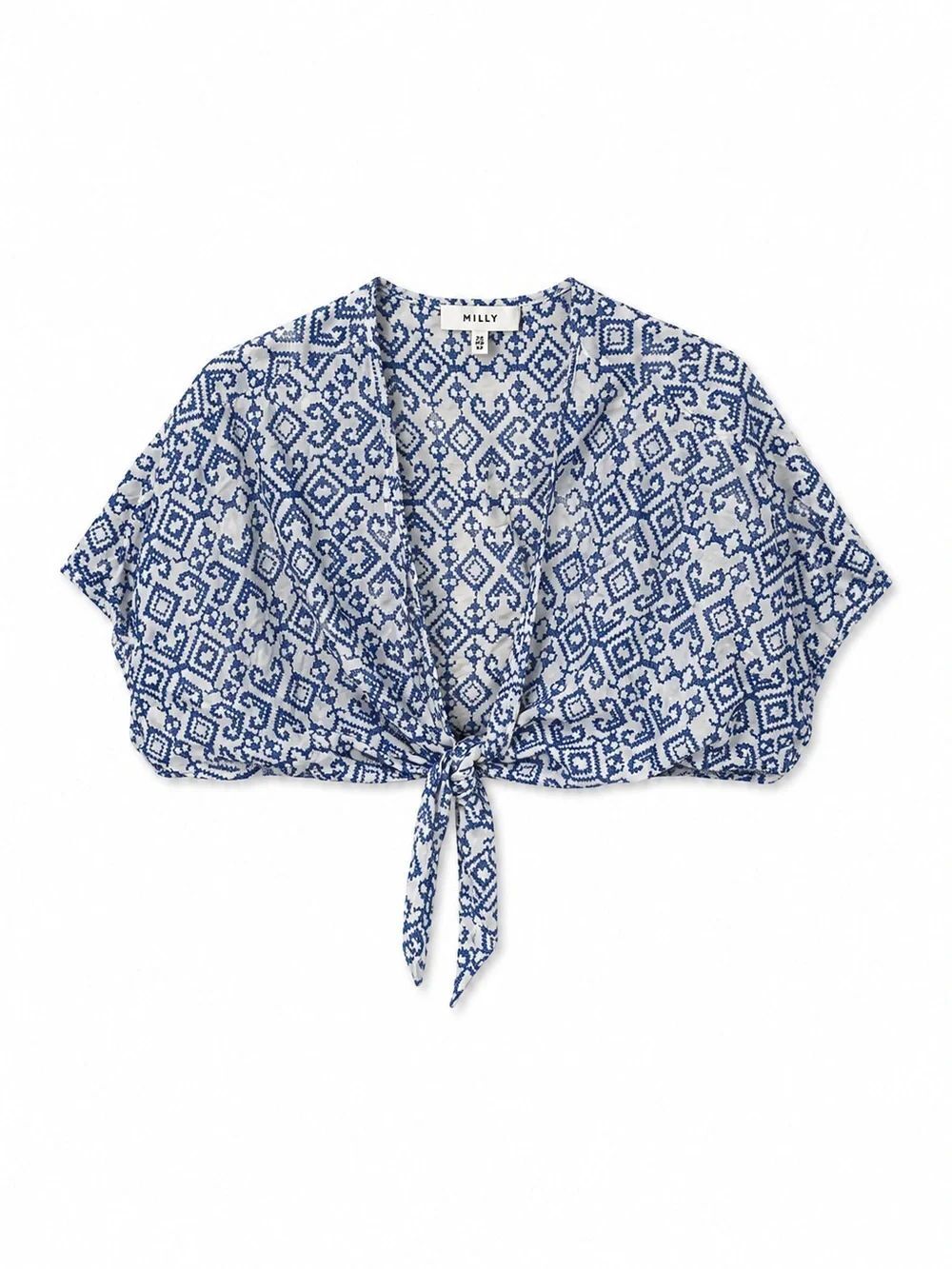 Milly Blue & White Tie-Front Geometric Crop Top